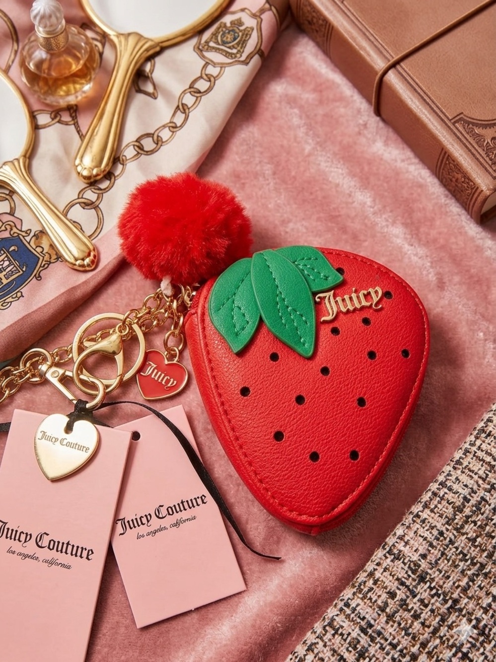 Juicy Couture Red Strawberry Key & Card Holder with Green Leaf Accent